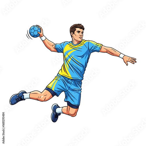 Handball Action: A dynamic image captures a handball player mid-air, poised to hurl the ball with power and precision, embodying athletic skill and focus.