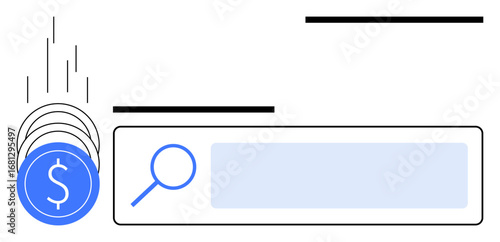 Magnifying glass over a search bar, falling coins with dollar sign. Ideal for finances, e-commerce, digital marketing, online searches, wealth management, business ideas, simple landing page