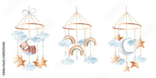 Watercolor baby cradle Mobile Set with cute teddy bear, rainbows and moon with clouds and stars. Hand drawn illustration in pastel colors of kids hanging toy. For greeting cards, gender reveal, its a
