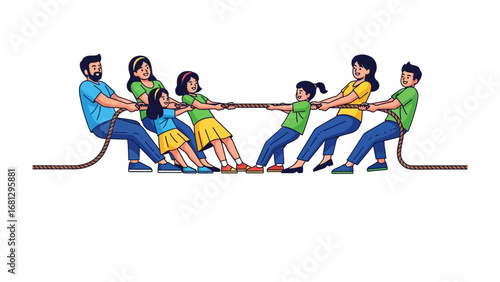Tug-of-War: A family tug-of-war, representing strength, challenge, and family cohesion.