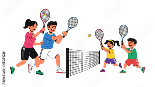 Family Tennis Game: A lively family engages in a friendly tennis match, showcasing their skills and the joy of quality time spent together.