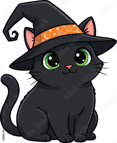 Black Cat in Witch Hat, Cartoon Style, Halloween Theme, Digital Illustration, Whimsical Environment, Cute Viewpoint, Fun Concept