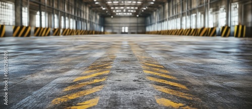 Empty industrial warehouse with marked floor lines