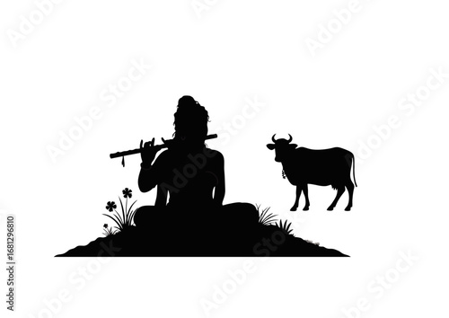 Krishna silhouette with flute and cow