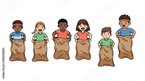 Sack Race Competition: A group of cheerful children, full of energy, participate in a sack race, each one inside a sack and ready to jump their way to the finish line, the image capturing joy.