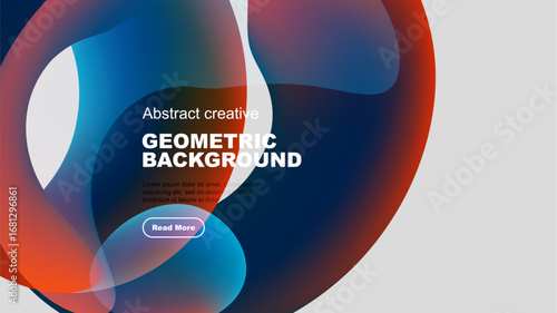 Abstract geometric background features vibrant overlapping shapes. Red, blue hues blend with white space, creating modern design.