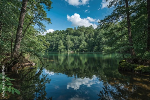 Summertime Scene of a Lake Surrounded by Trees