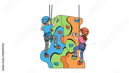 Kids climbing Adventure: A pair of children embrace the thrill of adventure as they ascend a vibrant climbing wall, harnessing their spirit of exploration, in a colorful graphic display.