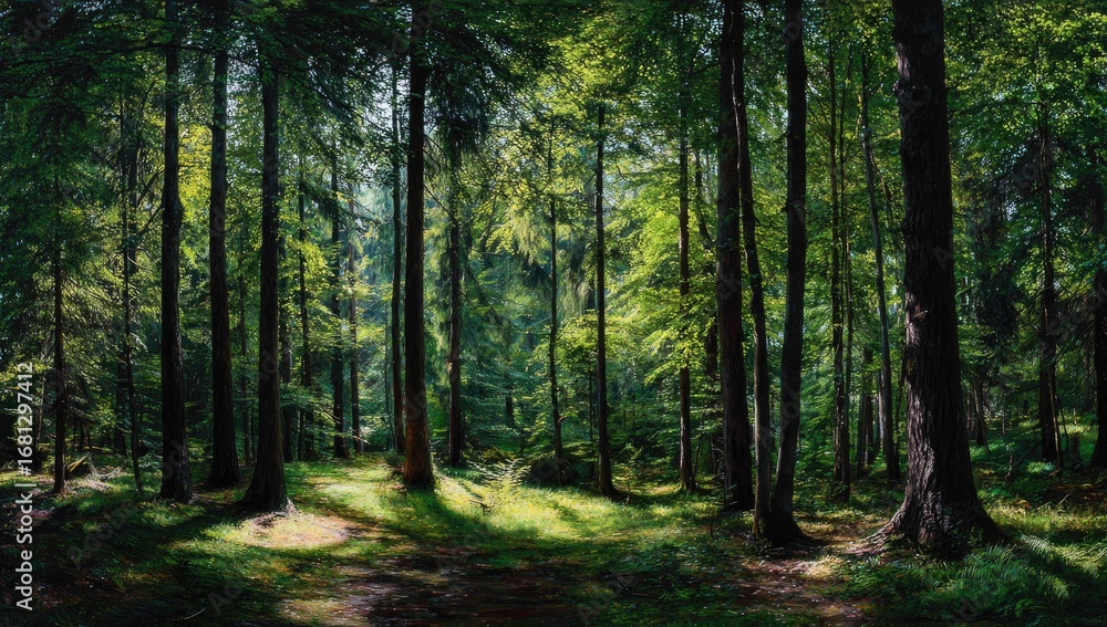 Obraz premium Sunlight filters through a dense forest (2)