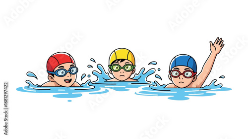 Swimming Buddies: Animated scene of three swimmers, each with a unique cap and goggles, navigating a pool with joyous expressions. One waves in greeting, capturing the energy of aquatic camaraderie.