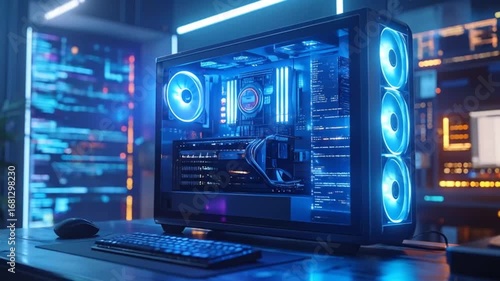 High-End Gaming PC Build with Neon Lighting and Code Display