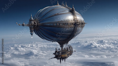 Futuristic silver balloon with scientific instruments hovering at the edge of space.