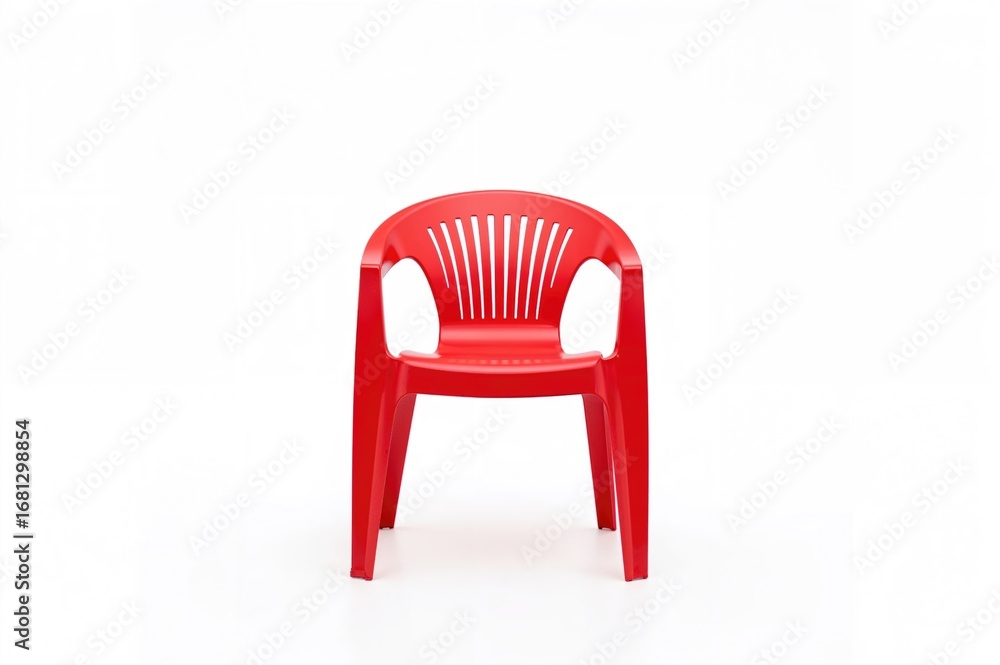 Fototapeta premium Contemporary Crimson Chair Made of Plastic Against a White Backdrop, Facing Forward