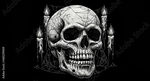 Monochrome Skull with Lit Candles and Cobwebs Against a Black Backdrop: A Haunting and Eerie Composition for Halloween Decor and