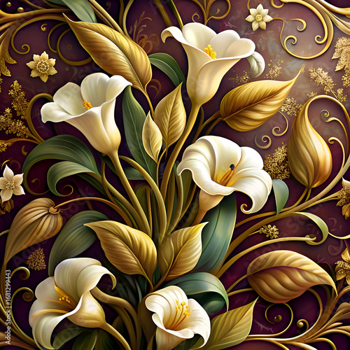 White Calla Lilies with Golden Leaves. A Floral Masterpiece