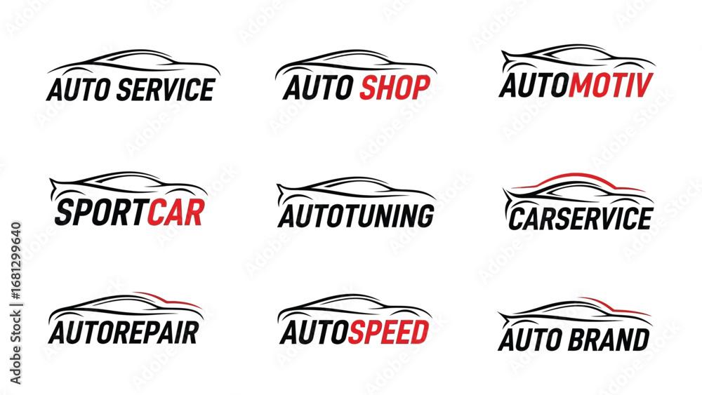 Fototapeta premium Automotive Logo Collection: A collection of sleek, modern logos showcasing various automotive services and styles, perfect for branding and promotional materials in the automotive industry.