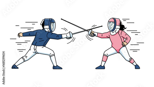 Foil Fencing Duel: Two fencers, a man and a woman, engage in an intense foil fencing duel, their blades clashing in a dynamic display of skill and athleticism.