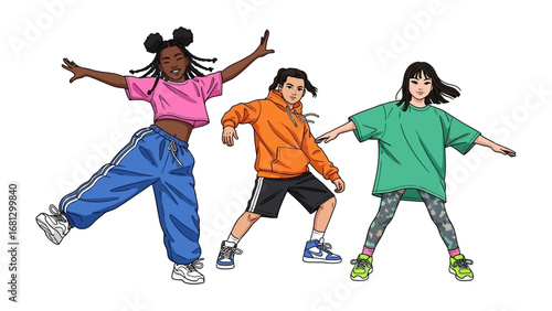 Dynamic Dance Crew: A vibrant illustration of a multiethnic dance crew. expressing a story of freedom, rhythm, and movement. capturing pure energy.