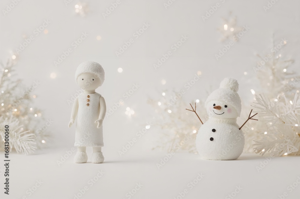 Obraz premium Isolated white doll against a snowy backdrop with festive decorations