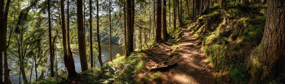 Obraz premium Forest path winding down to a lake