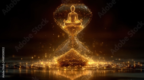 A glowing hourglass surrounded by floating symbols of meditation, representing stress management.
