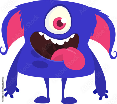 Cartoon cute monster with funny face expression waving hands. Halloween vector illustration 