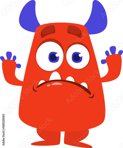 Cartoon cute monster with funny face expression waving hands. Halloween vector illustration 