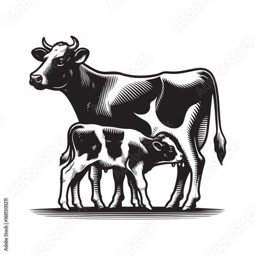 Black and White Vector Illustration of Cows Grazing in a Field