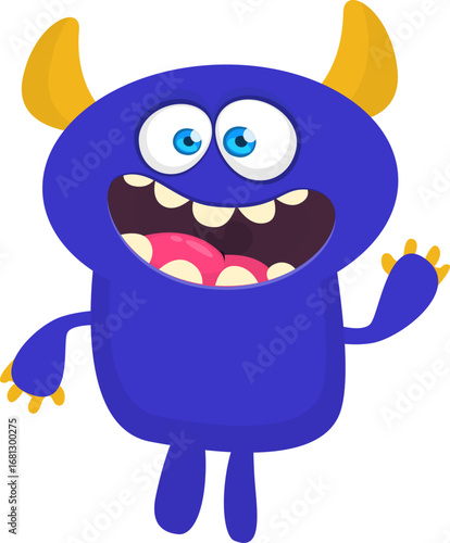 Cartoon cute monster with funny face expression waving hands. Halloween vector illustration 