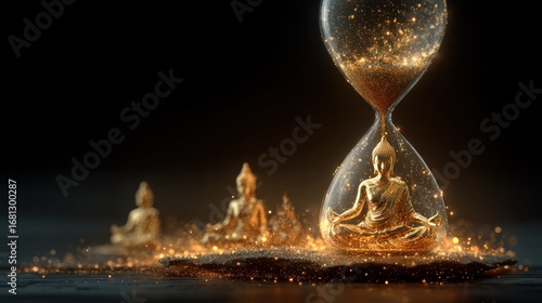 A glowing hourglass surrounded by floating symbols of meditation, representing stress management.