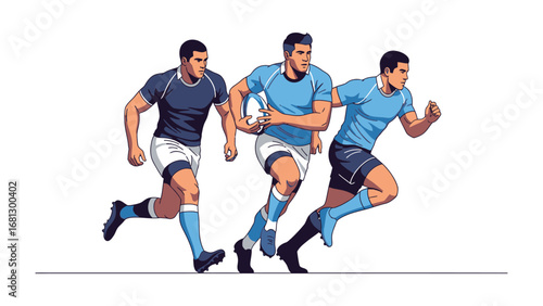 Rugby Players in Action: Capturing the dynamism of a rugby game, three muscular players sprint across the field, showcasing their athleticism and the thrill of the sport.