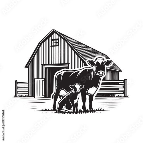Black and White Vector Illustration of Cows Grazing in a Field