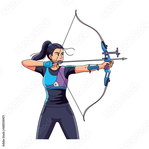 Archer poised with determination: A focused archer draws back her bow, preparing to release an arrow with precision and determination, showcasing skill and the art of archery.