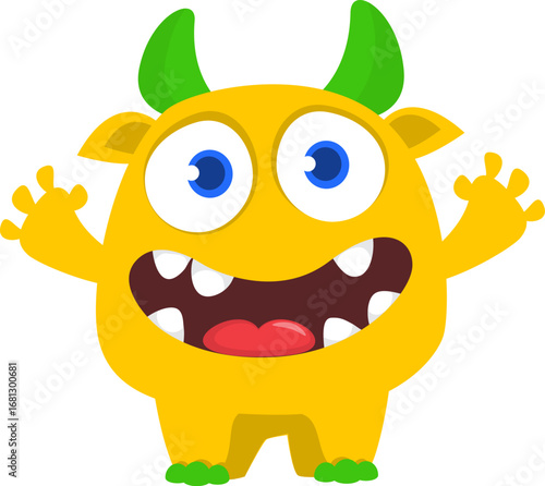 Cartoon cute monster with funny face expression waving hands. Halloween vector illustration 