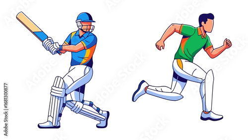 Dynamic Duo: Capturing the essence of cricket, this illustration features a batsman ready to strike the ball with precision alongside a dynamic fielder racing to catch the ball.