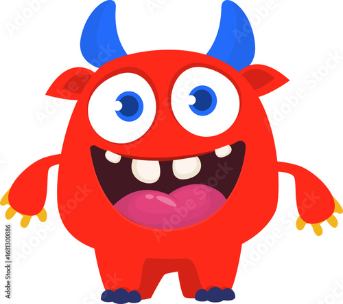 Cartoon cute monster with funny face expression waving hands. Halloween vector illustration 