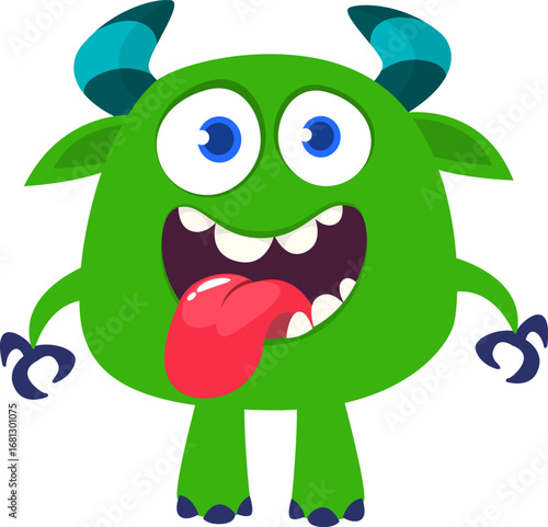 Cartoon cute monster with funny face expression waving hands. Halloween vector illustration 