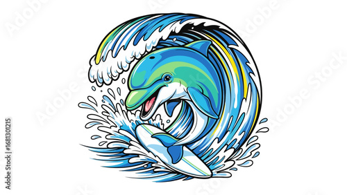 Dolphin Surfing the Waves: A vivid illustration showcases a playful dolphin gracefully riding a cresting wave, the artwork captures the dolphin's joy amidst the dynamic flow of ocean water.