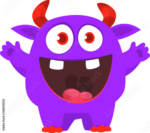 Cartoon cute monster with funny face expression waving hands. Halloween vector illustration 