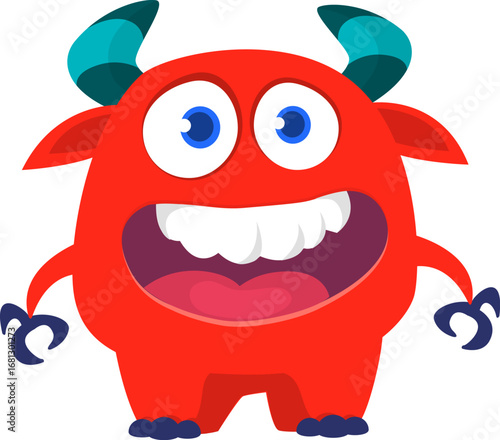 Cartoon cute monster with funny face expression waving hands. Halloween vector illustration 