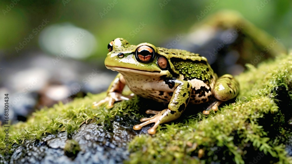 Obraz premium Vivid spotted frog on a moss-covered log in its natural, lush environment.