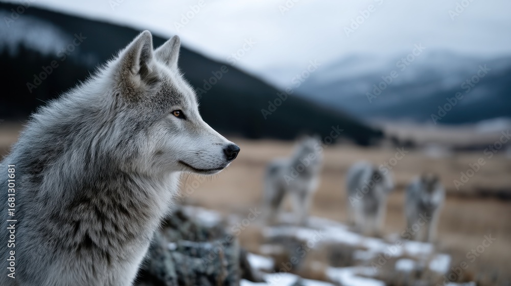 Obraz premium a pack of wolves in a field in the steppe