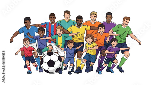 United on the Field: A diverse and dynamic group of soccer players stands together, ready to display their teamwork, sportsmanship and athleticism.