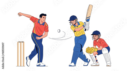 Cricket Match Illustration: A dynamic illustration of a cricket match in full swing, showcasing a bowler delivering the ball, a batsman poised to strike, and a wicket-keeper ready for action.