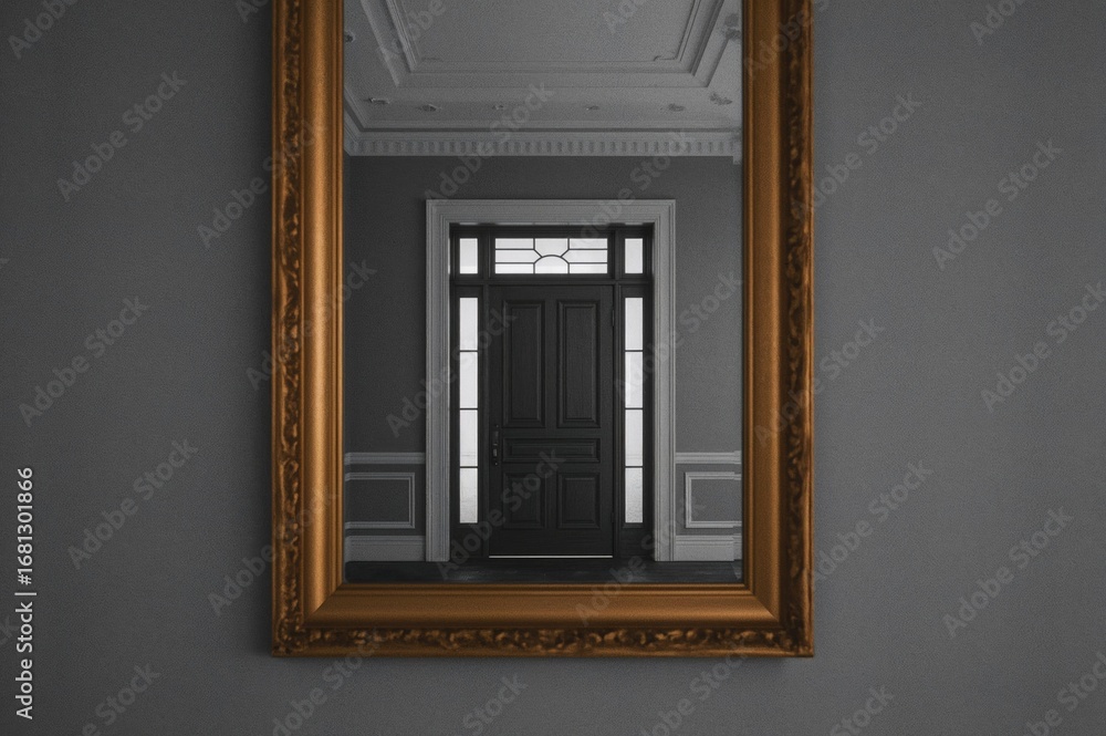 Fototapeta premium Side mirror reflecting a brightly lit doorway against a monochrome backdrop