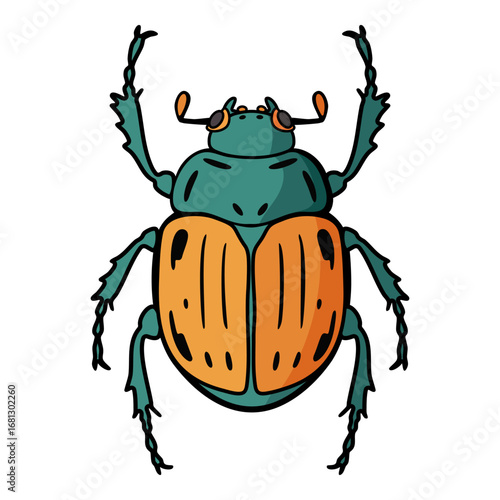 Colorful scarab beetle drawing with orange shell and turquoise body. Sacred insect of Ancient Egypt, symbol of good luck. Sanitary beetle, insect illustration for educational content and nature.