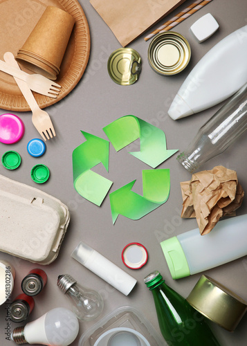 garbage and recycling sign on a colored background top view. . Vertical photo format