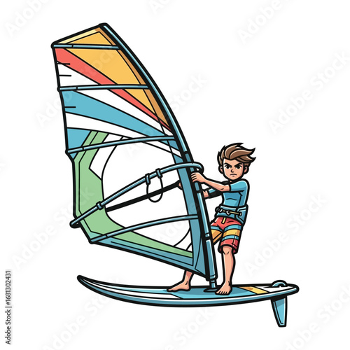 Windsurfing Adventure: A young windsurfer embraces the thrill of the ocean, skillfully navigating the wind with his sail, capturing the spirit of adventure and outdoor fun.