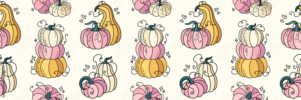 Seamless pumpkin pattern with a cute hand drawn style, perfect for fall wallpaper or fabric.