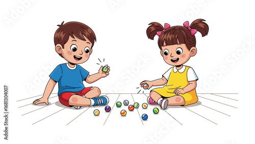Playtime Buddies: A charming illustration of a boy and girl joyfully playing marbles, their faces lit with delight and sharing a moment of innocent fun on the floor.